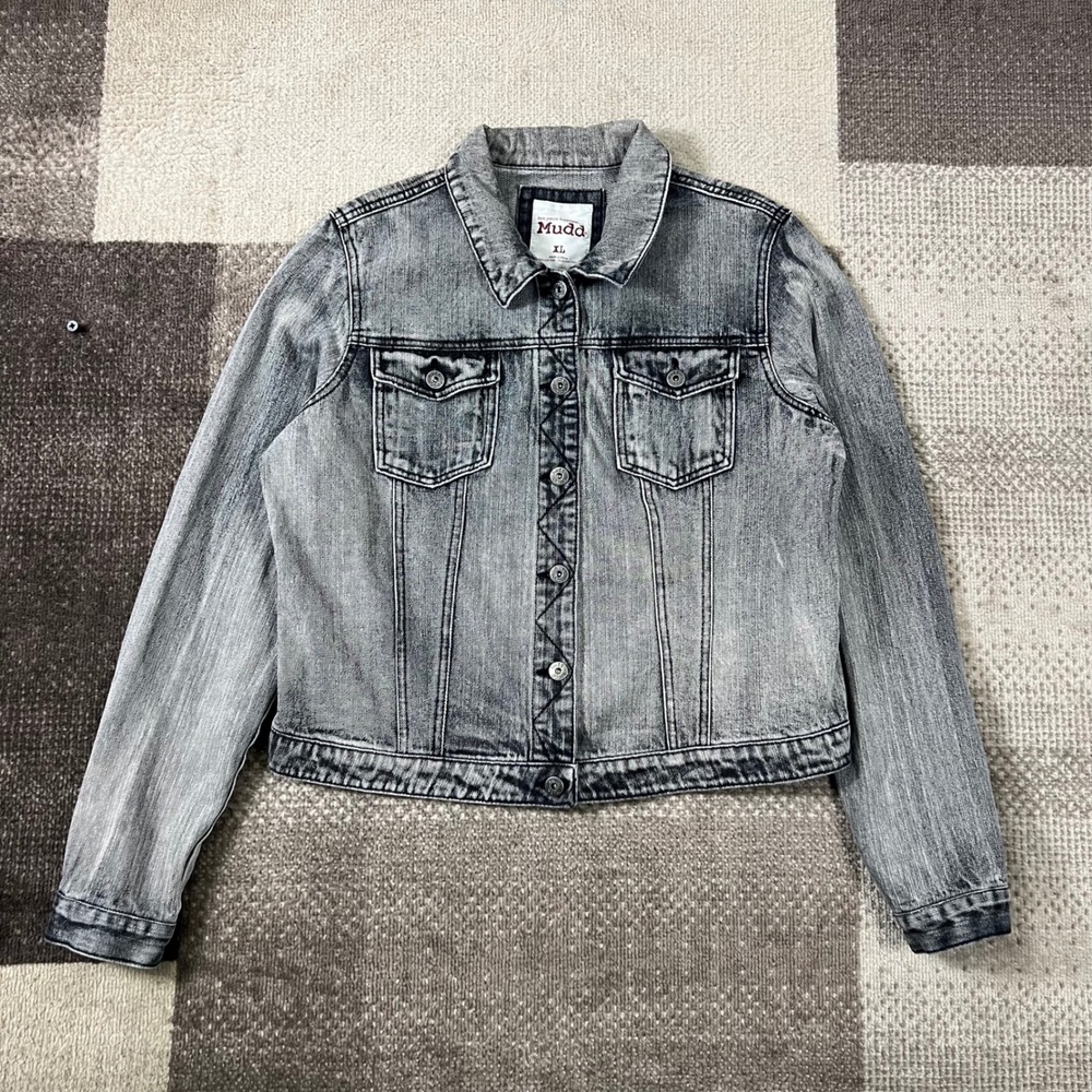 Y2K Mudd Women's XL Jean Jacket Black Gray Acid Wash Denim Button Front Trucker